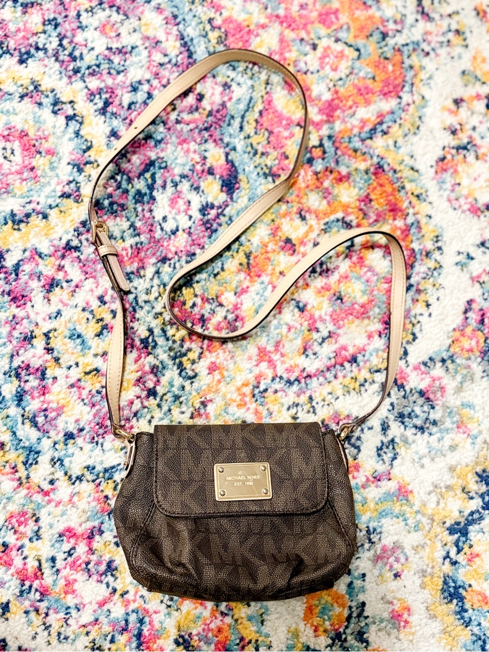 Michael Kors Dark Brown MK Logo Crossbody Bag with Gold Plaque